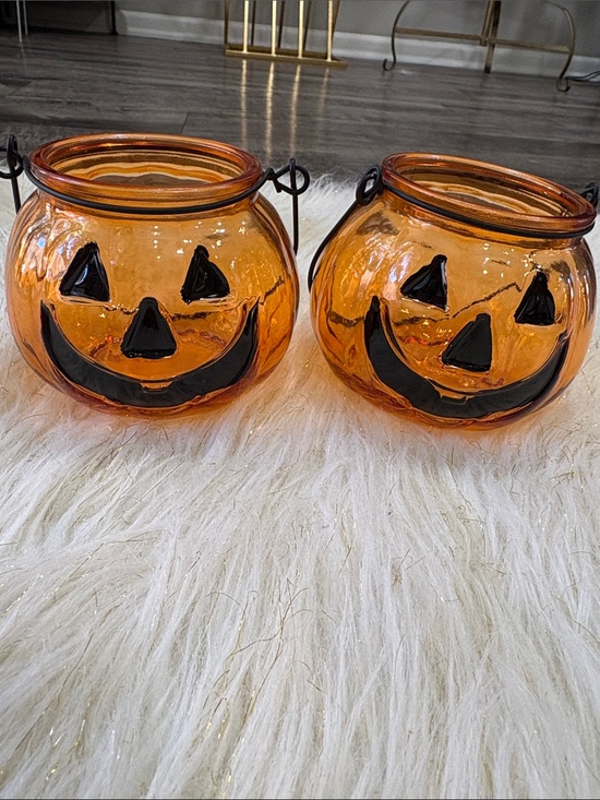 Other - Orange Glass Jack-O'-Lantern Candle Holders - Set of 2